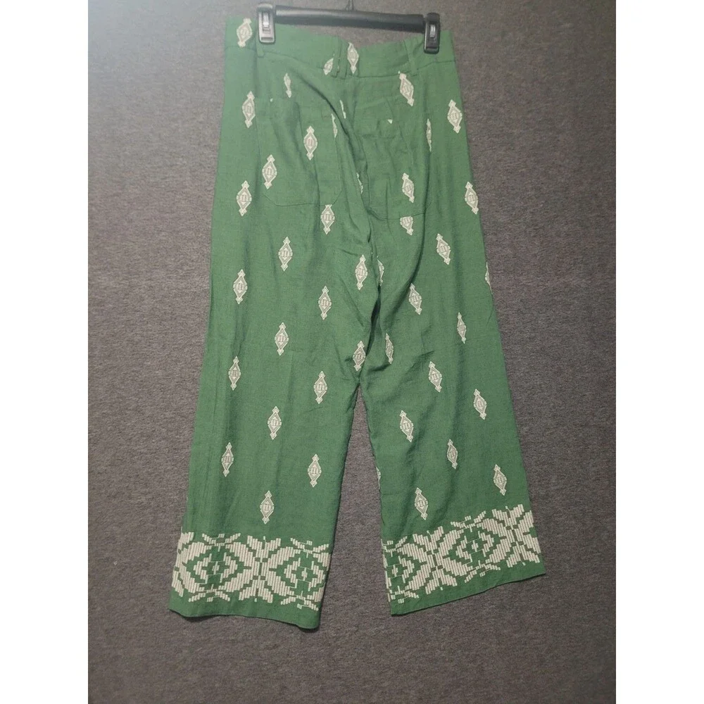 Zara Large pants linen embroidered geometric zip wide leg pockets green